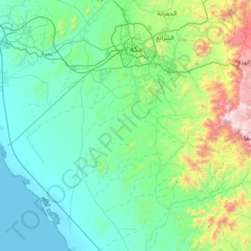 Mapa topográfico Bahrah, altitud, relieve