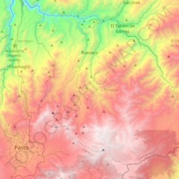 Mapa topográfico Buesaco, altitud, relieve