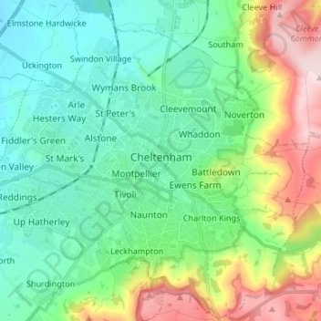 Mapa topográfico Cheltenham, altitud, relieve