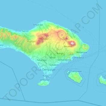 Mapa topográfico Bali, altitud, relieve