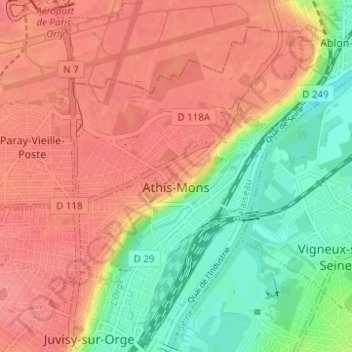 Mapa topográfico Athis-Mons, altitud, relieve