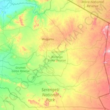 Mapa topográfico Serengeti, altitud, relieve