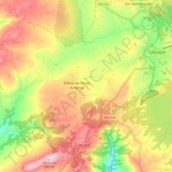 Mapa topográfico Aldeia de Santo António, altitud, relieve
