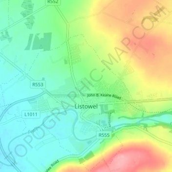 Mapa topográfico Listowel, altitud, relieve