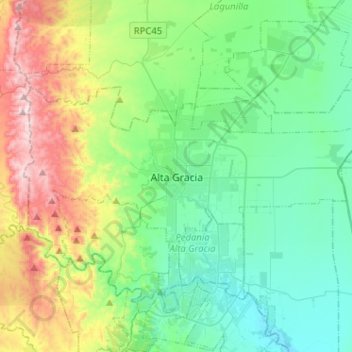 Mapa topográfico Alta Gracia, altitud, relieve