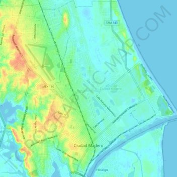 Mapa topográfico Ciudad Madero, altitud, relieve