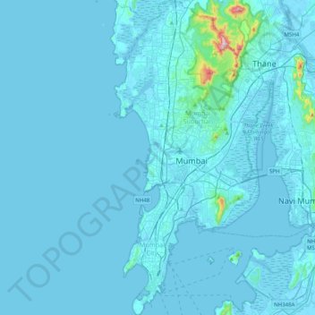 Mapa topográfico Bombay, altitud, relieve