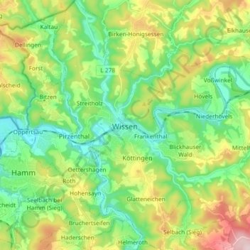 Mapa topográfico Wissen, altitud, relieve