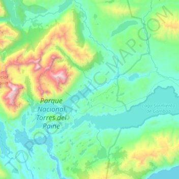 Mapa topográfico Río Paine, altitud, relieve