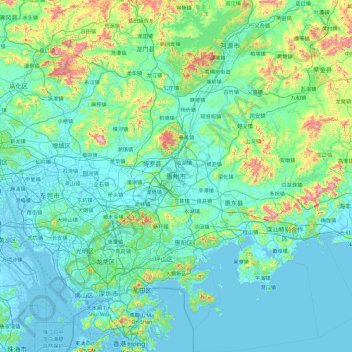 Mapa topográfico Huizhou, altitud, relieve