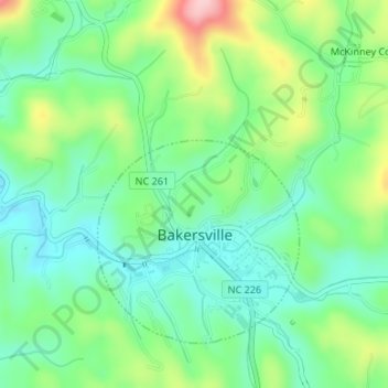 Mapa topográfico Bakersville, altitud, relieve