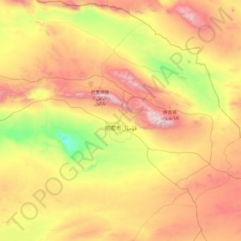 Mapa topográfico Hami, altitud, relieve