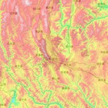 Mapa topográfico Dali Bai Autonomous Prefecture, altitud, relieve