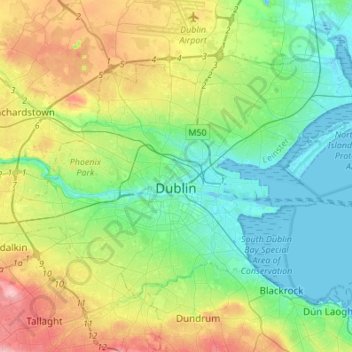 Mapa topográfico Dublín, altitud, relieve
