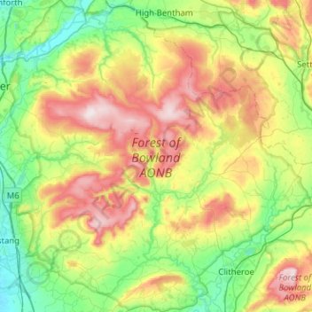 Mapa topográfico Forest of Bowland AONB, altitud, relieve