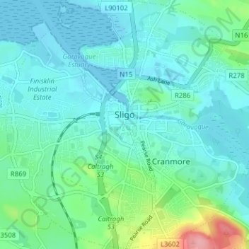 Mapa topográfico Sligo, altitud, relieve