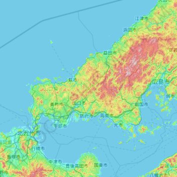 Mapa topográfico Préfecture de Yamaguchi, altitud, relieve