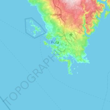 Mapa topográfico Grad Pula, altitud, relieve