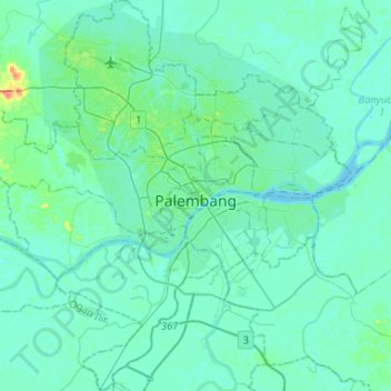 Mapa topográfico Palembang, altitud, relieve