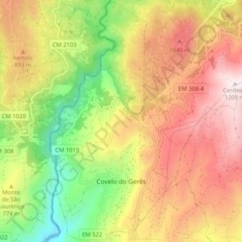 Mapa topográfico Covelo do Gerês, altitud, relieve