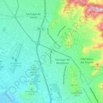 Mapa topográfico San Juan de Miraflores, altitud, relieve
