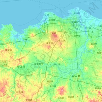 Mapa topográfico Haikou City, altitud, relieve