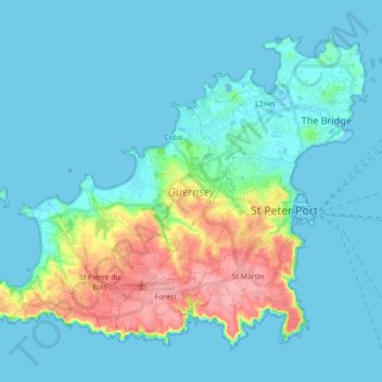 Mapa topográfico Guernsey, altitud, relieve