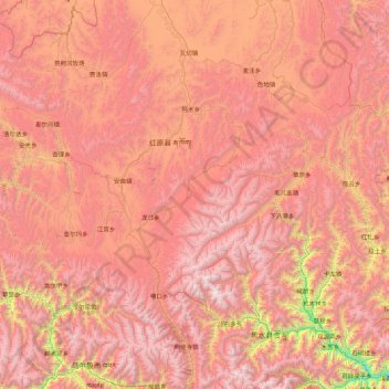 Mapa topográfico Hongyuan County, altitud, relieve