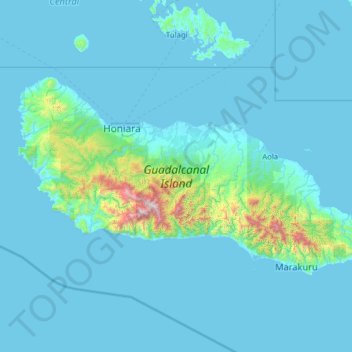 Mapa topográfico Guadalcanal Island, altitud, relieve