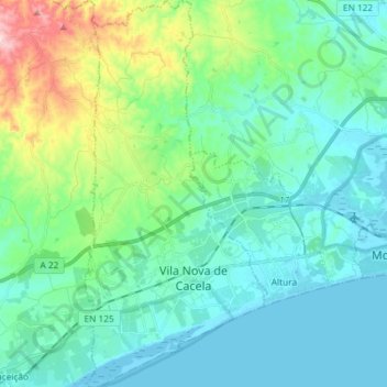 Mapa topográfico Vila Nova de Cacela, altitud, relieve