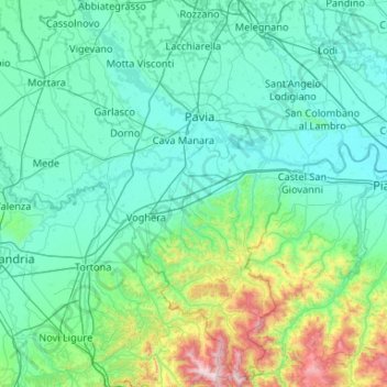 Mapa topográfico Pavía, altitud, relieve
