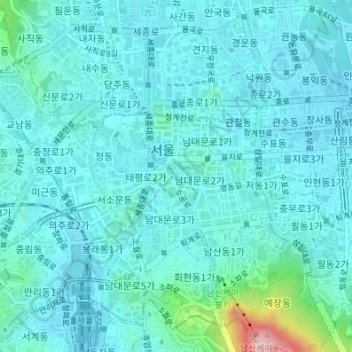 Mapa topográfico Seúl, altitud, relieve