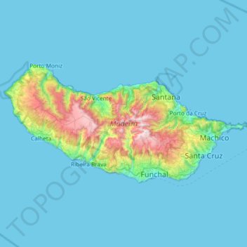 Mapa topográfico Isla de Madeira, altitud, relieve