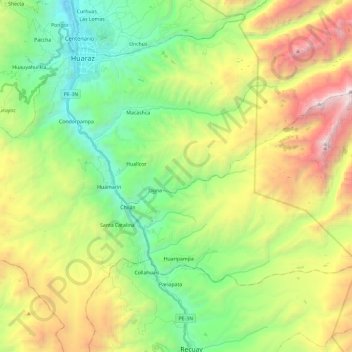 Mapa topográfico Olleros, altitud, relieve