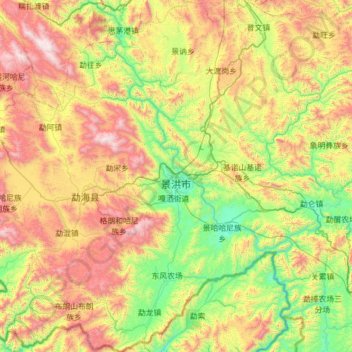 Mapa topográfico Jinghong City, altitud, relieve