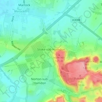 Mapa topográfico Stoke sub Hamdon, altitud, relieve