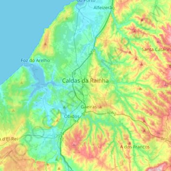Mapa topográfico Caldas da Rainha, altitud, relieve