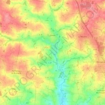 Mapa topográfico Gévezé, altitud, relieve