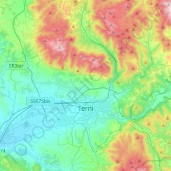 Mapa topográfico Terni, altitud, relieve