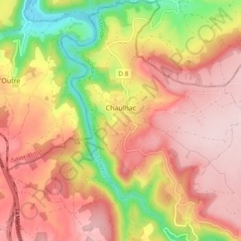 Mapa topográfico Chaulhac, altitud, relieve