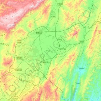 Mapa topográfico Songming County, altitud, relieve