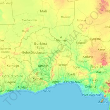 Mapa topográfico Río Niger, altitud, relieve