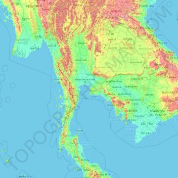Mapa topográfico Tailandia, altitud, relieve