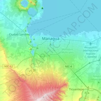 Mapa topográfico Managua, altitud, relieve