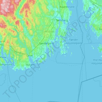 Mapa topográfico Sandefjord, altitud, relieve