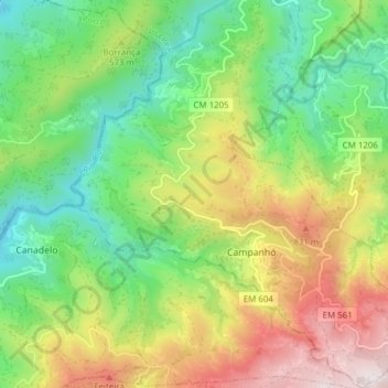 Mapa topográfico Campanhó, altitud, relieve