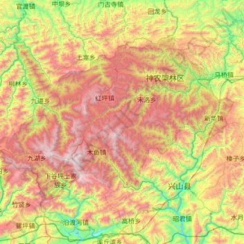 Mapa topográfico Shennongjia, altitud, relieve