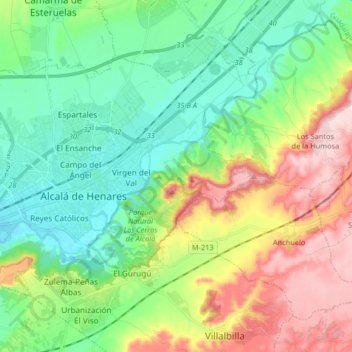 Mapa topográfico Arciprestazgo de Alcalá Sur, altitud, relieve