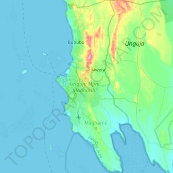Mapa topográfico Unguja Mjini Magharibi, altitud, relieve