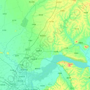 Mapa topográfico Hulan, altitud, relieve
